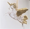 Enhjørning  med vinger og guld glimmer. Til ophæng i dekorationer m.m. Akryl. Længde ca. 14 cm.