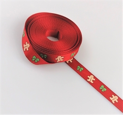  5 meter. Dekorations bånd. rød med brunkage og sløjfer. Brede 1 cm.