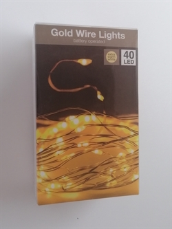 Lyskæde  40 LED Længde i alt ca. 2 meter. Bruger 3 x AA batterier. Lyskæde. Guld Wire