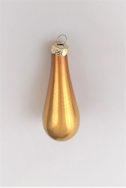 Blank dråbeformet guld glaskugle for ophængning. Længde Ca.8 cm