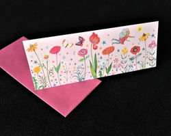 Dobbelt kort med kuvert. Motiv : blomster, sommerfugle, fe m.m.