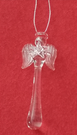 Et stk glas engel til ophængning. Ca. 8 x 2,5  cm.