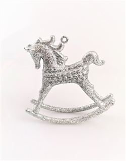Gyngehest Evt. for ophængning på juletræet. Sølv / glitter.  H ca. 10 cm. L ca. 11 cm.