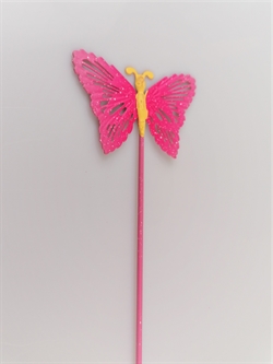  Metal sommerfugl på metal pind. Vingefang ca.7 cm. Pink.
