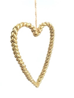 Flot stabilt Guldfarvet Hjerte med glitter / glimmer. Med snor for ophængning. Ca. 14 cm.