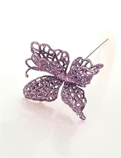 Lilla glitter sommerfugl på tråd. ca. 7 cm. + tråd.