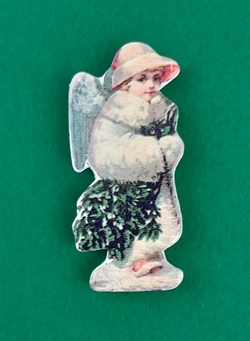 Engel med juletræ. Med magnet. Nostalgi.  Ca. 5 cm. Velegnet på køleskab. m.m.