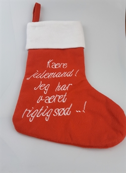 Julesok til ophængning. Tekst : kære julemand leg har været rigtig sød. Ca. 39 x 26 cm.