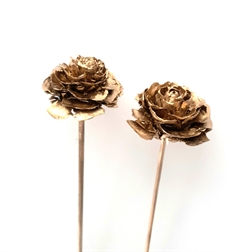 2 stk. Guld farvede cederroser på pind, Fine i dekorationer m.m Ø ca. 3 til 4 cm.