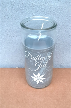 Lys i glas. Duftlys. Tekst. Duften af jul. H. 14 cm. ø 6 cm.