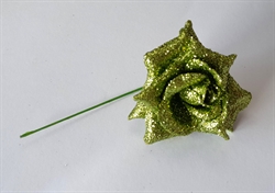  Flot grøn glitter dekorations rose på tråd. Ø ca. 4,5 cm. Fine i dekorationer.