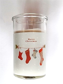 Lys i glas. Merry Christmas. H. ca.10 cm. Ø ca. 5,5 cm.