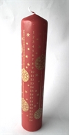  Kalenderlys H. 24 cm. Ø 5 cm. Rød. Motiv julekugler og guld tal.