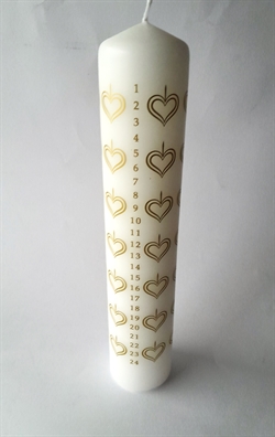  Kalenderlys H. 24 cm. Ø 5 cm. Motiv hjerter og guld tal.