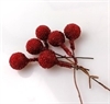  6 Stk. Røde  dekorations bær på tråd. Ø på bærrene ca. 1 cm. Frost / sukker look.