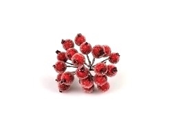 Bundt med dekorations bær. rød frost / sukker. Ca. 18 bær på tråd. Bærene måler ca. 1 cm.